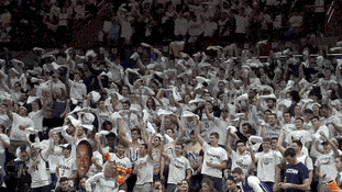 Crowd waving rally towels